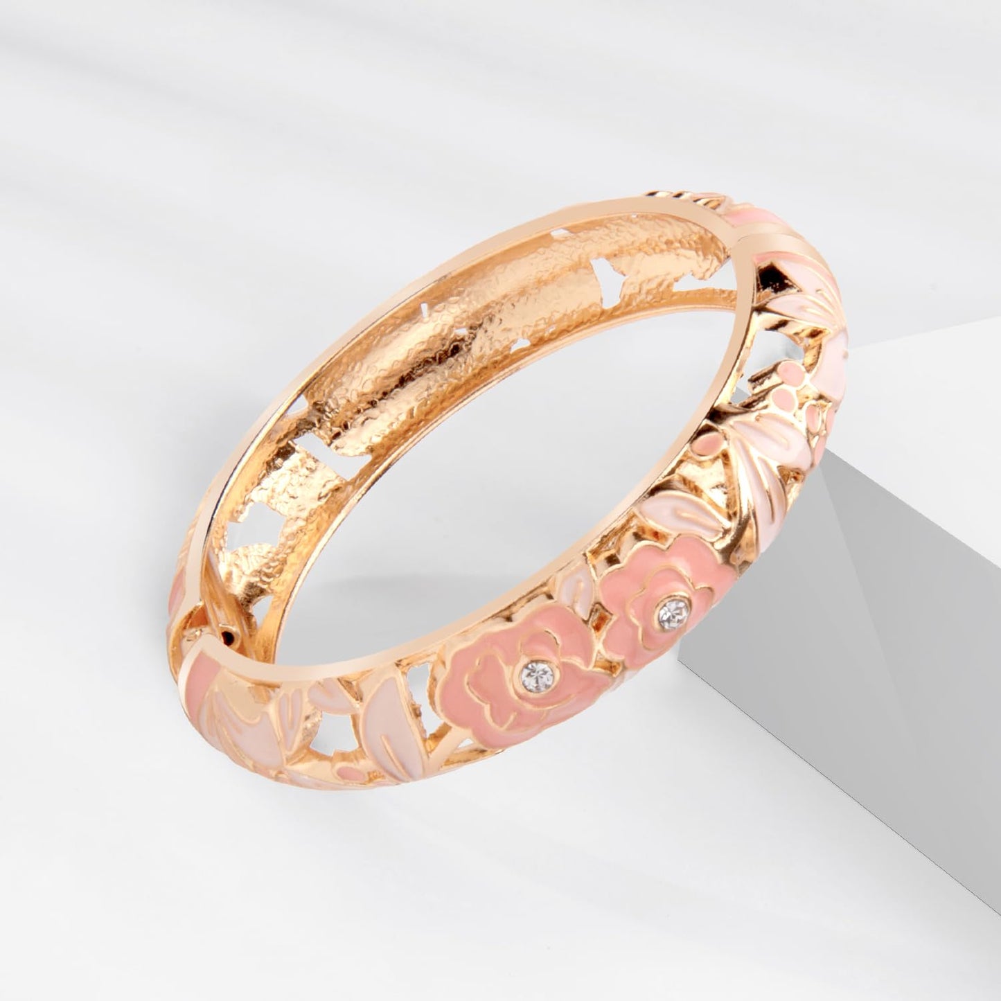 UJOY Vintage Jewelry Cloisonne Handcrafted Enameled Gorgeous Rhinestone Rose Hinged Cuff Bracelet Bangles Gifts 88A10-3PCS Pink