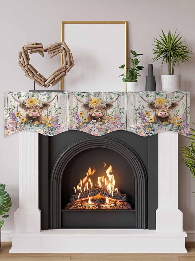 Spring Cow Floral Fireplace Mantel Scarf Table Runner, Green Eucalyptus Leaves Grey Wooden Winter Garland Mantel Top Tablerunners Dresser Scarves Cover for Windows Party Living Room 60''x17''