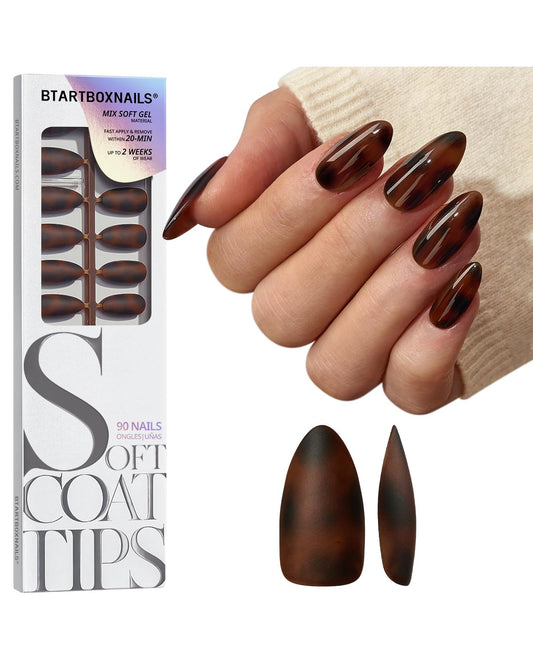 BTArtboxnails SOFTCOATTIPS Press On Nails - Tortoiseshell Almond Press On Nails Medium, 90Pcs Salon Quality Soak Off Soft Gel Nail Tips in 15 Sizes