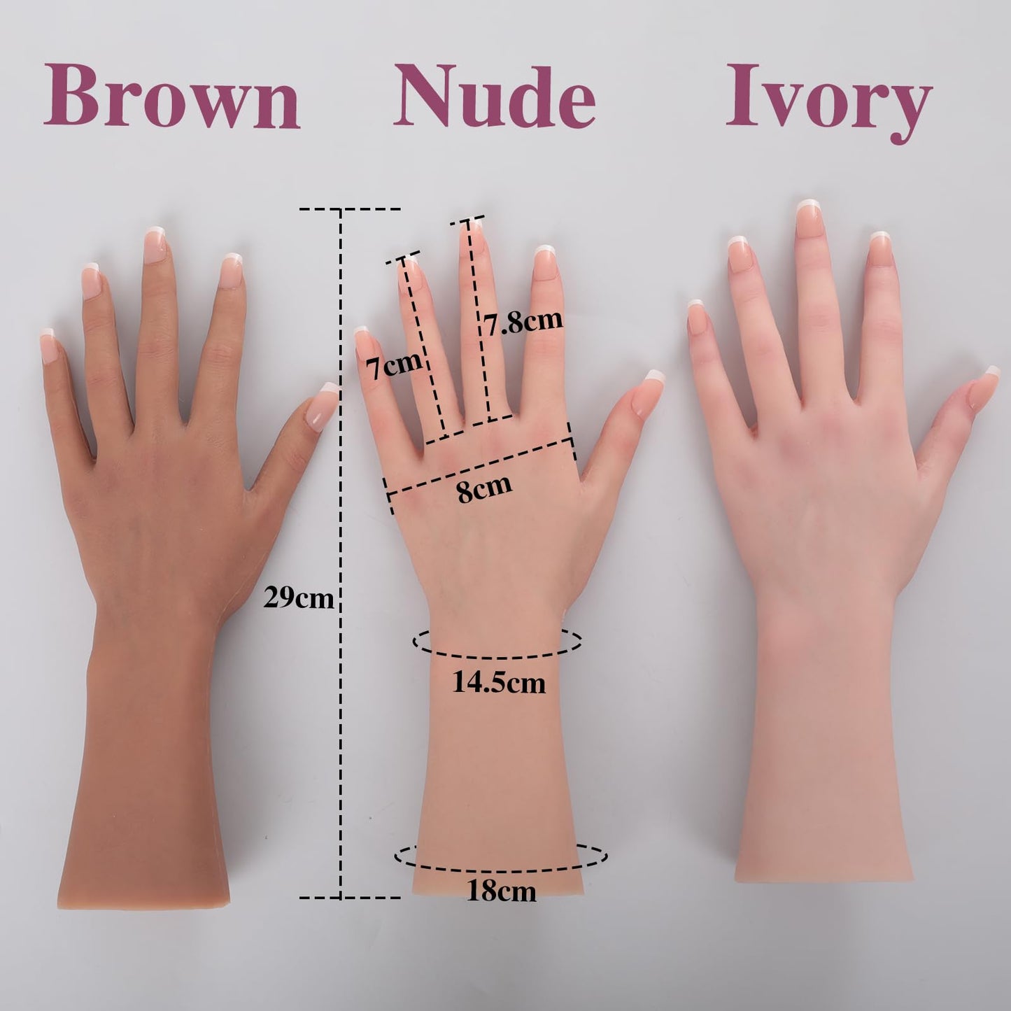 MOTLEYBEAN Realistic Silicone Female Hand Life Size Female Model Hand for Showing Jewelry Pranksters Halloween Props Photography Props (Nude,Right Hand-Without Skeleton)