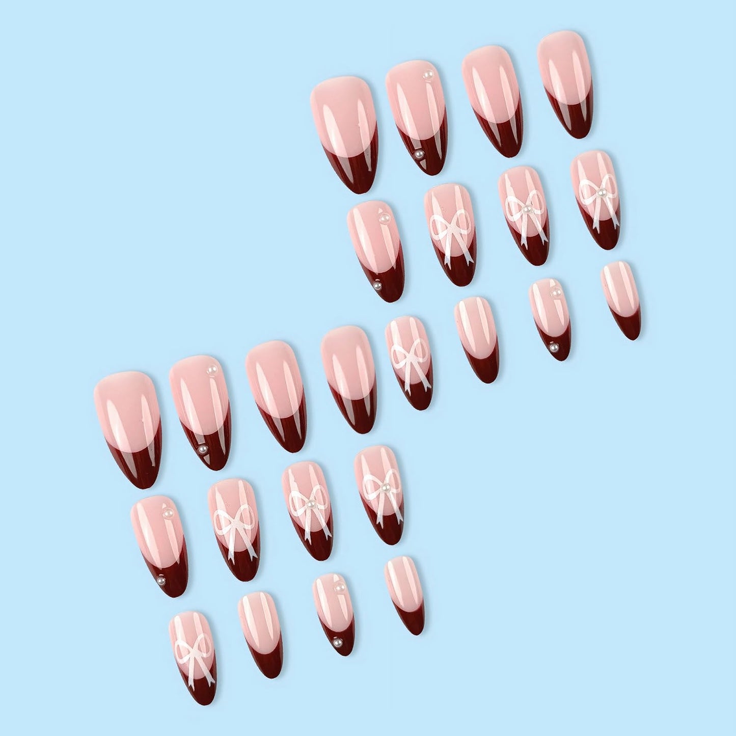 MISUD Press on Nails - Medium Almond Fake Nails with Wine Red French Tip, Acrylic Bow Pearl Design 24 pcs