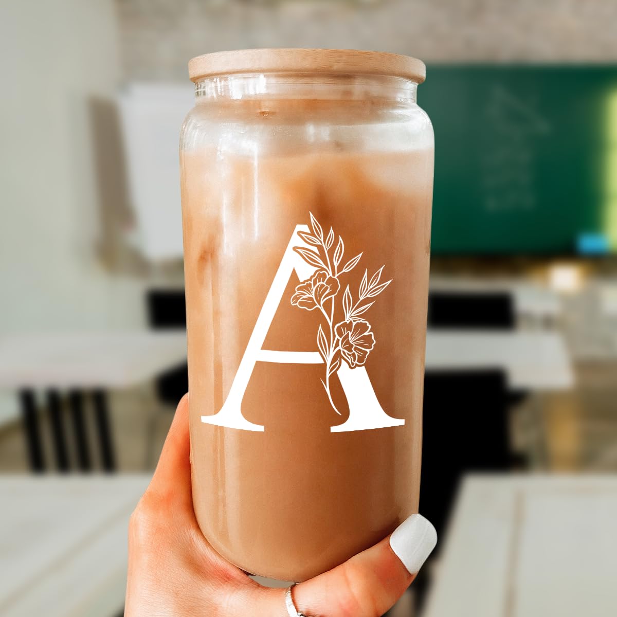SANDJEST Monogrammed Gifts for Women - Monogram A Initial Glass Cup 16 Oz Can Coffee Cups with Lid and Straw - Monogram Initials Gifts for Womens on Birthday