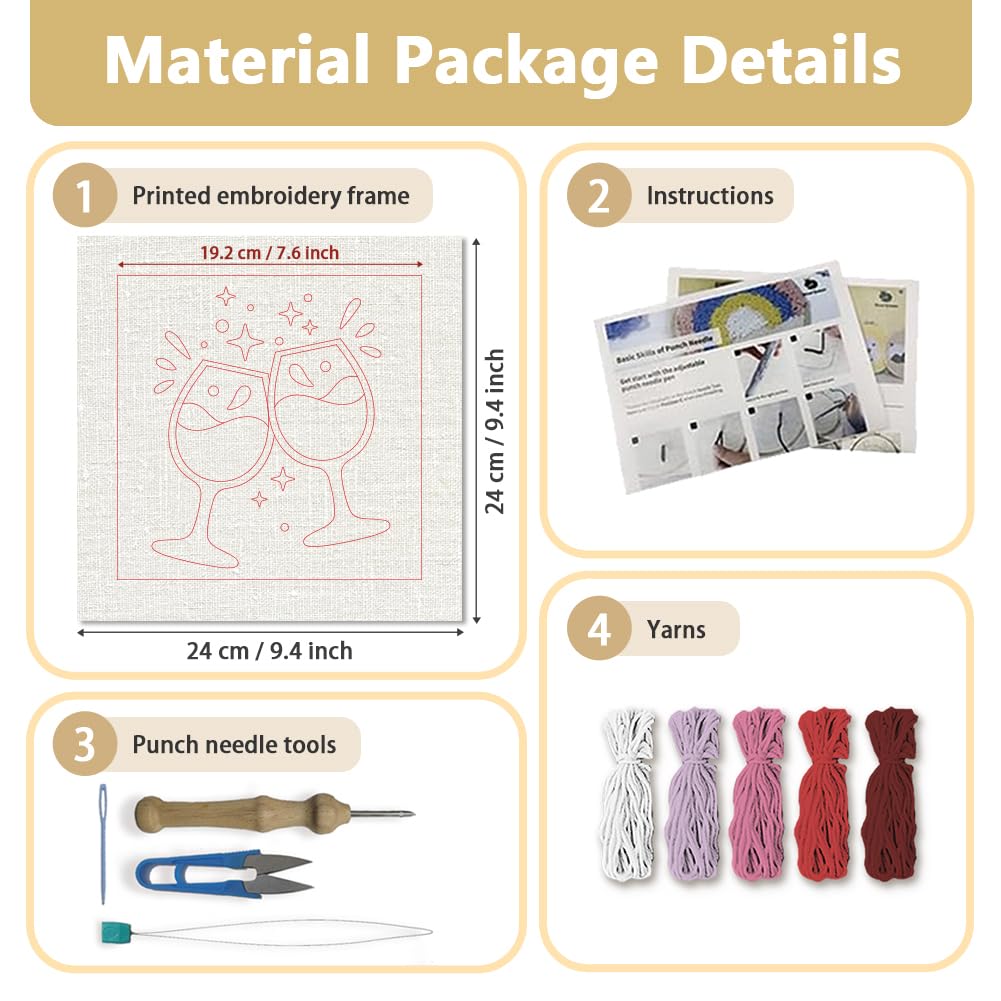 DOODLREAM Red Wine Glass DIY Punch Needle Embroidery Kit for Adult Beginner, 9.4" Cheers to The Red Wine Punch Stitching Craft Set for Starter with Frame, Fabric Pattern, Threader, Yarn, Punch Needle