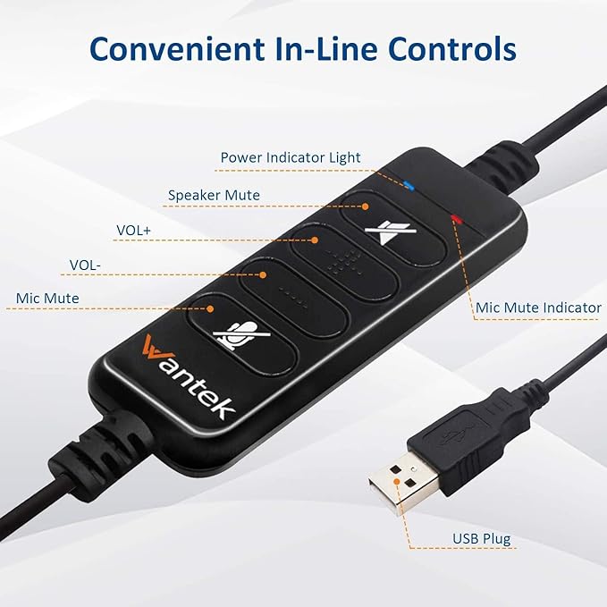 USB Headset with Microphone Noise Cancelling & Audio Controls, Computer Headphones for PC Laptop, Business, Home Office, Call Center, Skype, Zoom, Webinar, Clear Chat, Super Light,Single