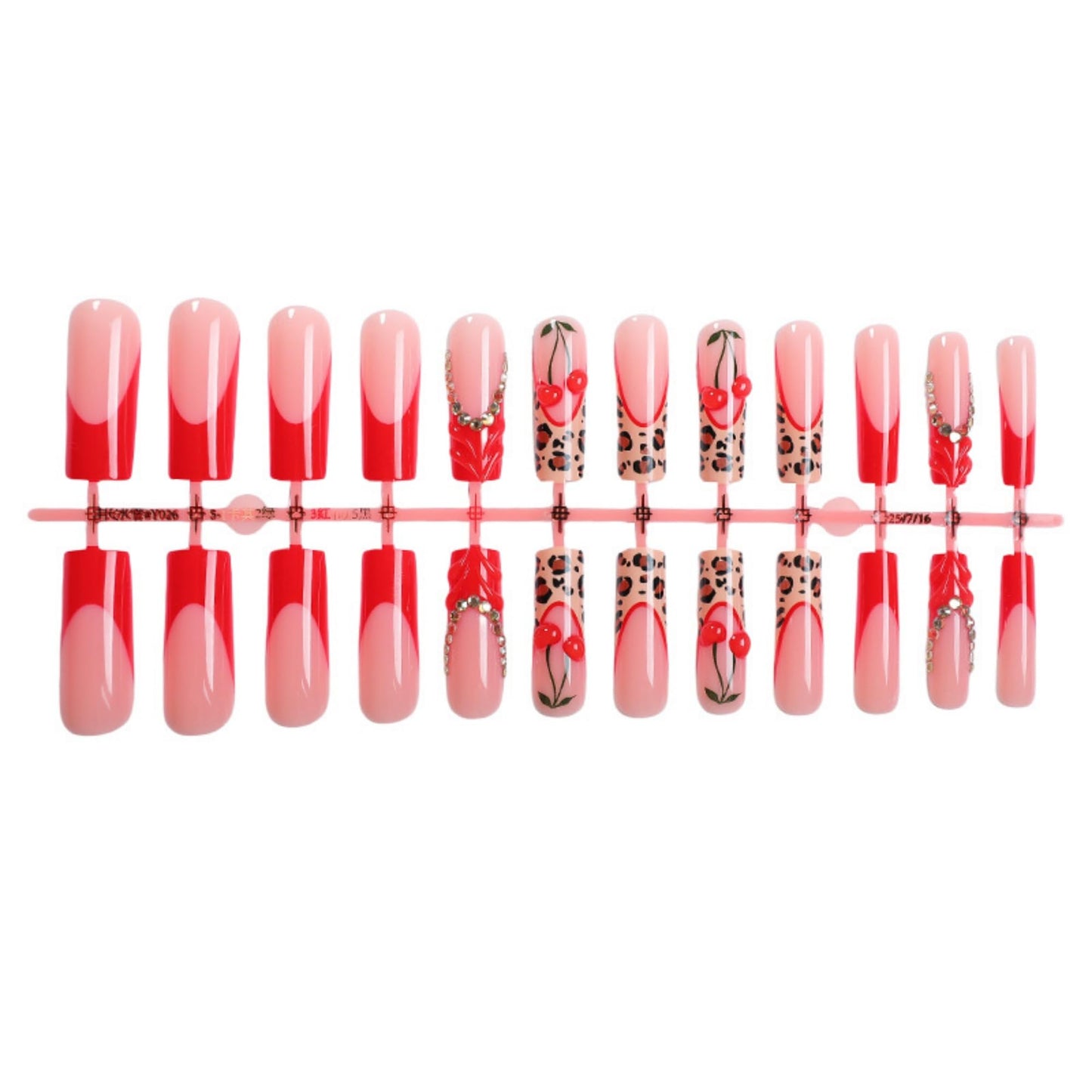 SEENEEY Long Press on Nails Square Red Cherry Stick on Nail for Women 24pcs