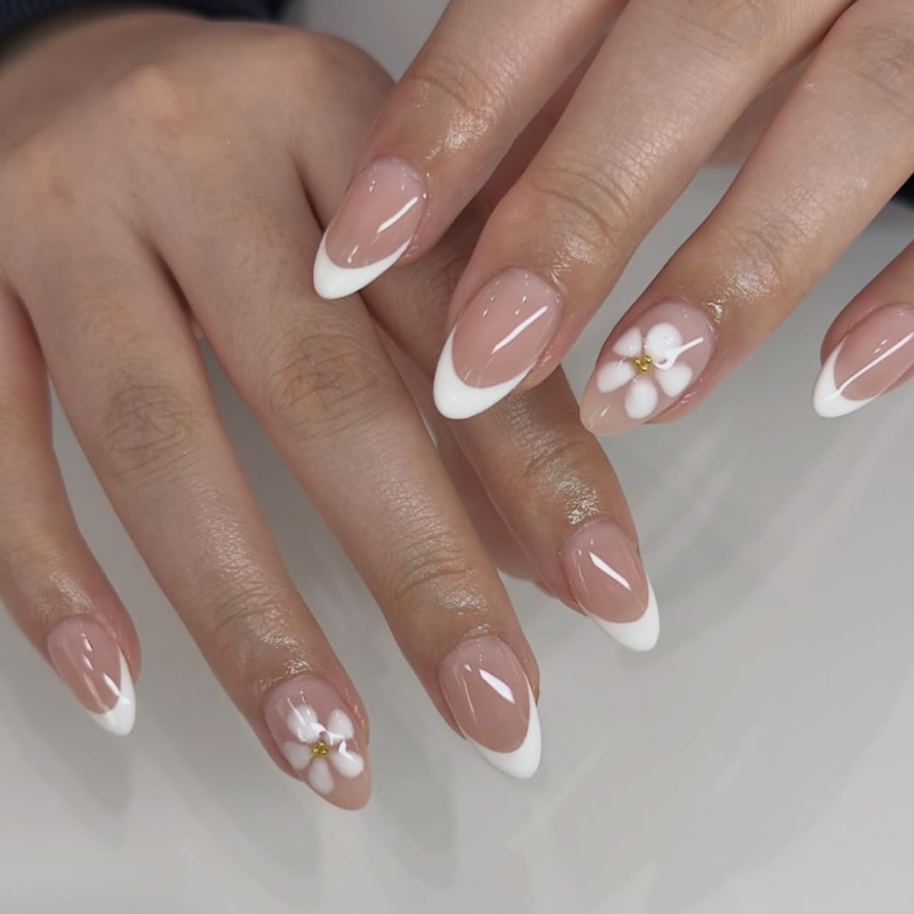 evpct French Tip Press On Nails Short Almond No Glue, Nude Wihte Tips & 3D Flowers, Glossy Short Almond Fake False Press on Nails, Soft Stick on nail Press ons with Nail Kit, Reusable Salon-quality