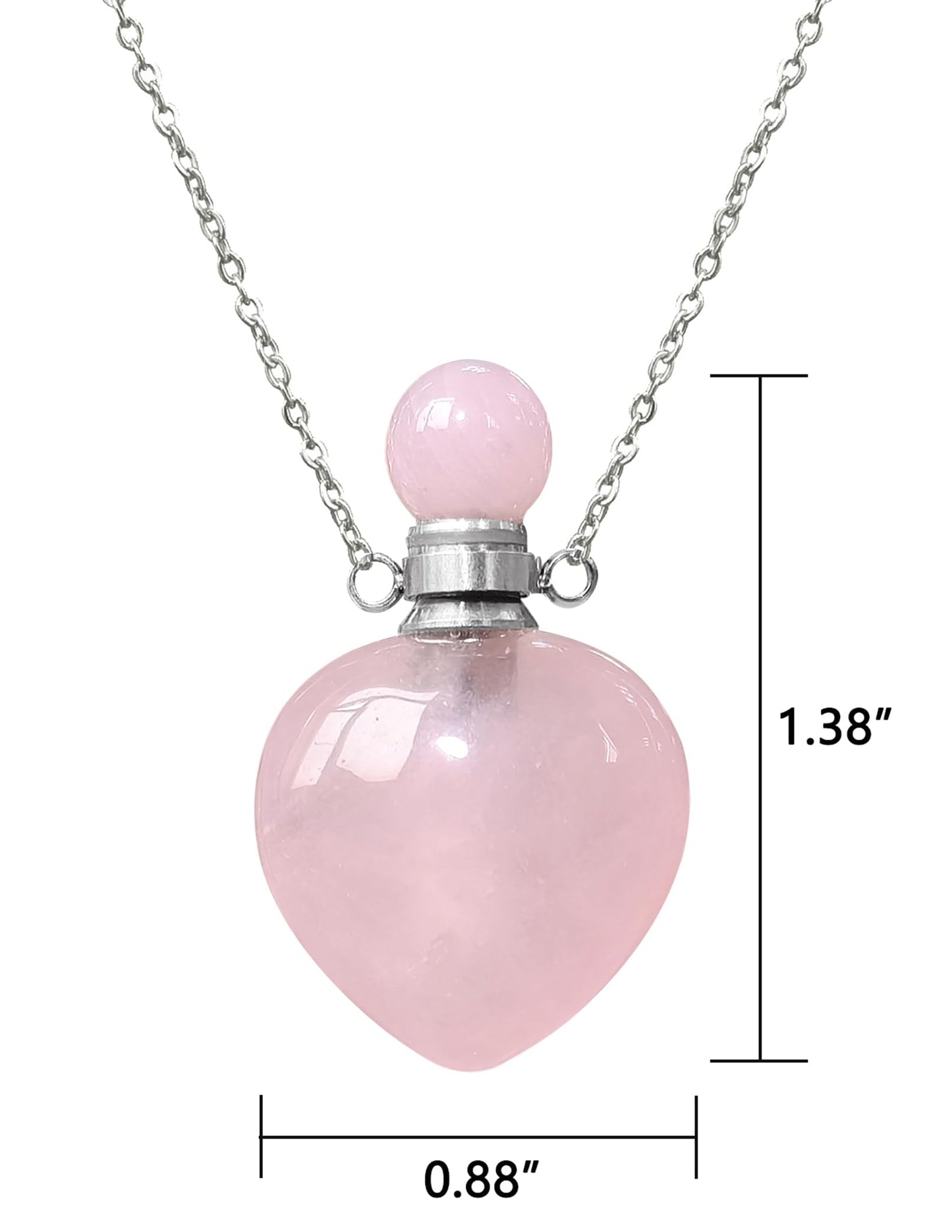 Ladywowu Rose Quartz Necklace, Heart Shape Perfume Bottle Necklace for essential oil, Silver Tone Vial Necklace for Aromatherapy Liquid