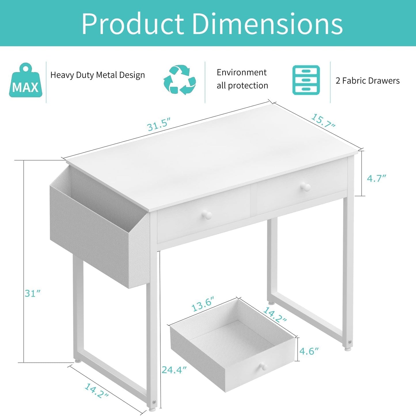 Lufeiya Small White Kids Desk with Drawers for Bedroom, 32 Inch Home Office Desks with Fabric Storage Drawer and Bag, Study Writing Vanity Table for Small Spaces, White