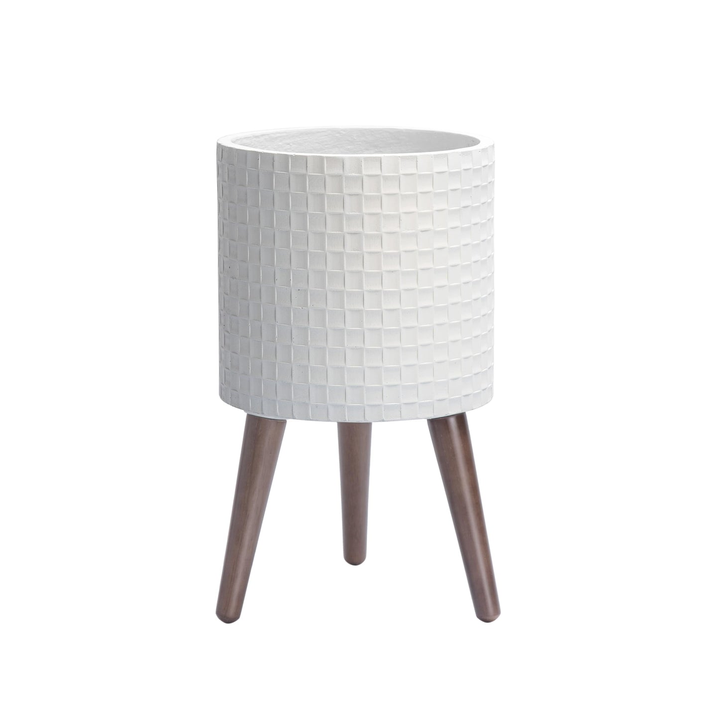 D'vine Dev 10 Inch Modern Geometric Tile Patterned Sleek Planter Pot with Stand, Indoor Outdoor Decorative Plant Holder, Matte White, 88-Z-B-1