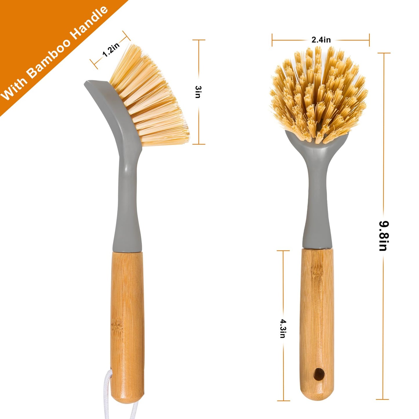 2 Pack Dish Brushes with Bamboo Handle, Kitchen Dish Scrubber Built-in Scraper, Scrub Brush for Pans, Pots, Counter & Kitchen Sink Cleaning, Dishwashing and Cleaning, Perfect Cleaning Tools, Gray