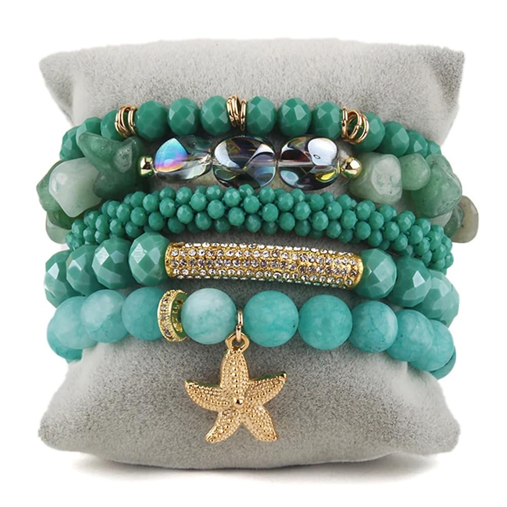 Yomisa Boho Beaded Bracelets for Women,Multilayer Wrap 5PCS Healing Natural Stone Bead Bracelets Handmade Stackable Friendship Stretchy Beaded Bracelet Set Trendy Bohemian Jewelry Gift for Women