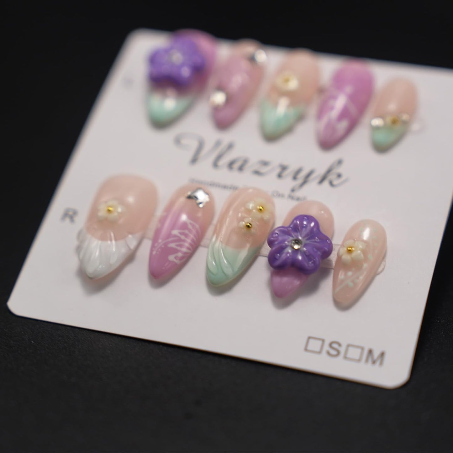 Handmade Press On Nails – Summer Medium Almond Pink Purple Gradient French Tip Fake Nails,with 3D Flower Rhinestones – Thick Acrylic & Multi-Layer Gel, Reusable Luxury False Nails（S)