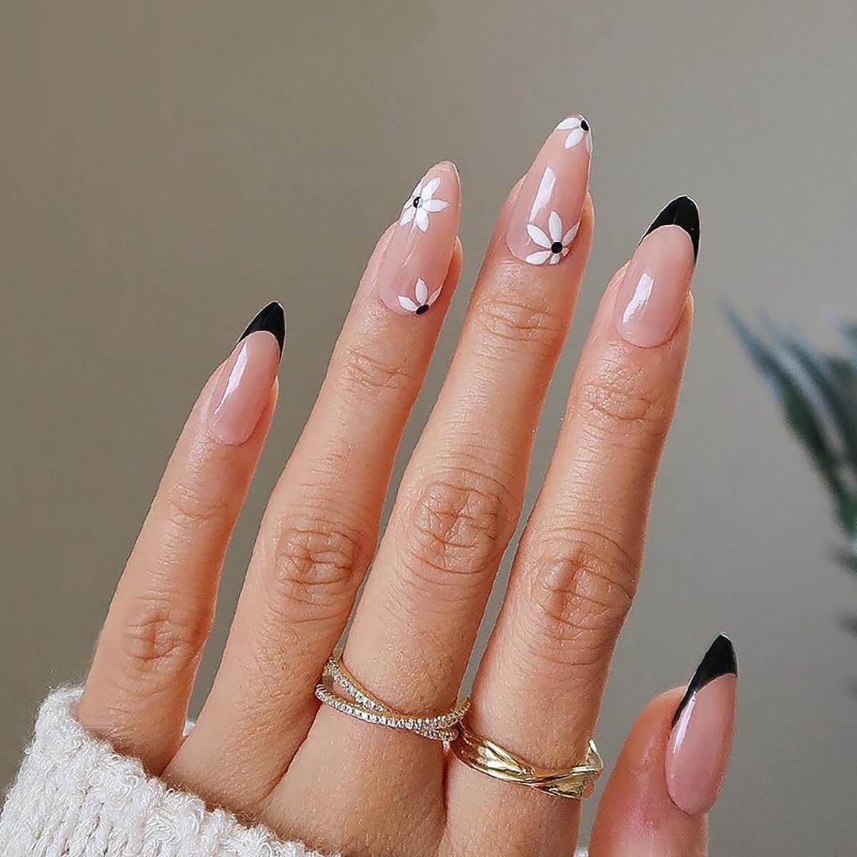 Jsiallye 6 Packs Press on Nails Medium,144Pcs French Press on Nails Almond,Ballet with Daisy,Glue on Nail in 12 Sizes - 24 Fake Nails Kit, Stick on Nails for Women