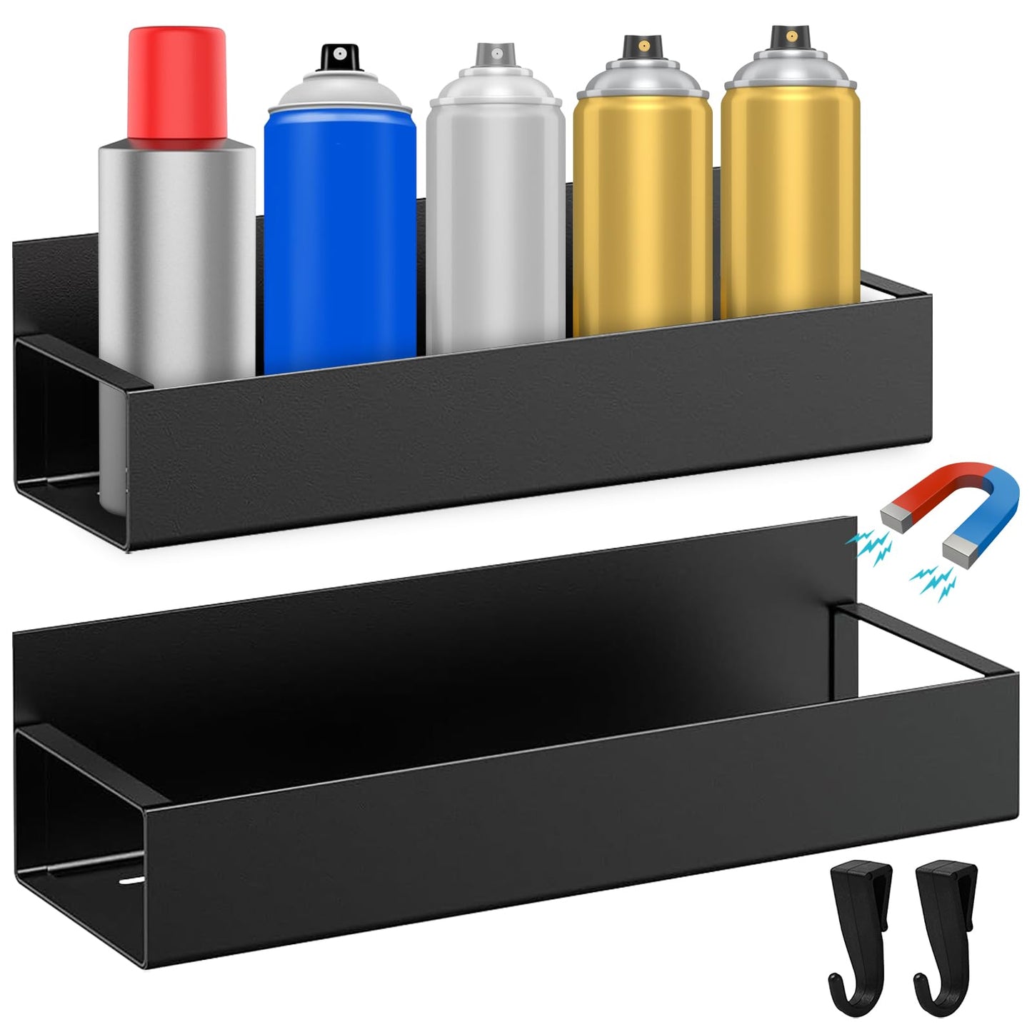 2 Pcs Magnetic Spray Can Holder, Magnet Toolbox Holder, Wall Mounted Spray Bottle Rack, Mechanic Paint Can Organizer, Tool Box Storage Rack for Garage Home Workspace (Black)