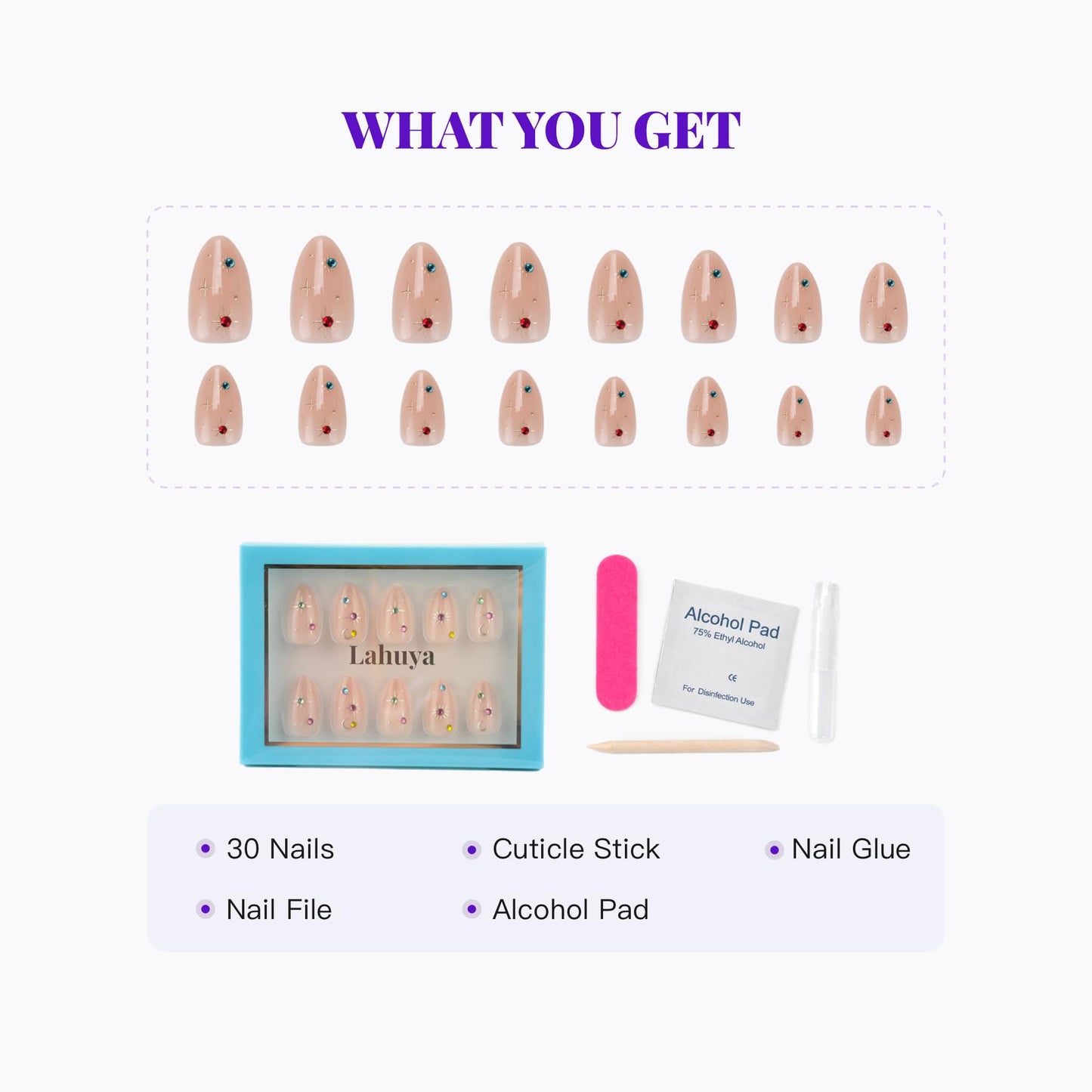 Lahuya Press On Nails – Celestial Charm | Designer-Created Short Almond Nude Pink Fake Nails with Colorful Rhinestones, Moon & Sunburst Accents, Glossy Finish | 30 Nails