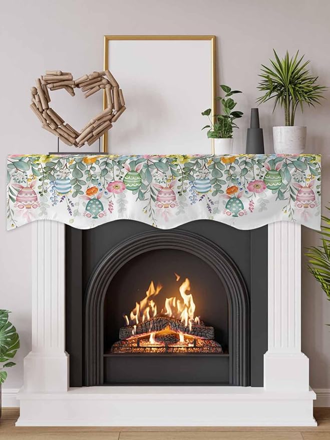 Easter Eggs Fireplace Mantel Scarf Table Runner, Bunny Eucalyptus Leaves Spring Flower Plant Winter Garland Mantel Top Tablerunners Dresser Scarves Cover for Windows Party Living Room 90''x17''