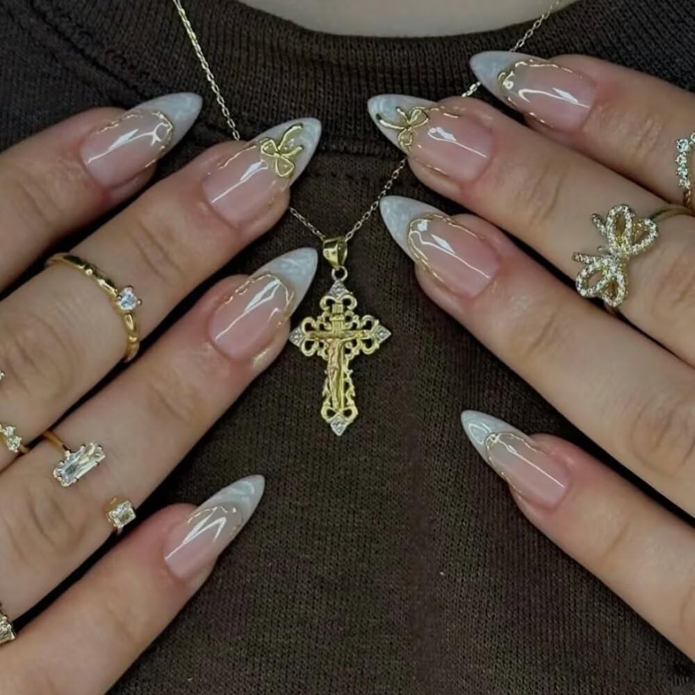 MAGLFELL Press On Nails - Handmade Almond Fake Nails, Cute French Bow Design, Reusable Artificial Almond False Nails for Women 10 Pcs 3D Acrylic Nails Kit (Size S)