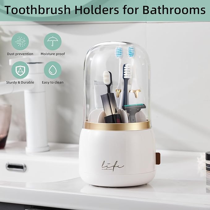 Toothbrush Holders for Bathrooms, Rotating 7 Slots Electric Toothbrush Holders with Cover, Countertop Toothpaste Organizers (White)