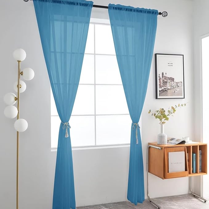 SpaceDresser Basic Rod Pocket Sheer Voile Window Curtain Panels Blue 1 Pair 2 Panels 52 Width 84 Inch Long for Kitchen Bedroom Children Living Room Yard（Blue, 52W x 84L）