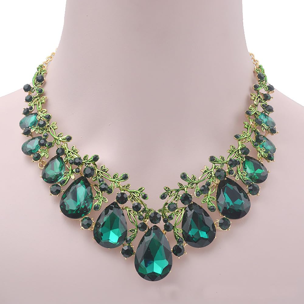 Qlavoca Vintage Crystal Teardrop Necklace Earrings Set - Gothic Statement Jewelry for Wedding Bridal Prom Party (Green-Gold Tone)