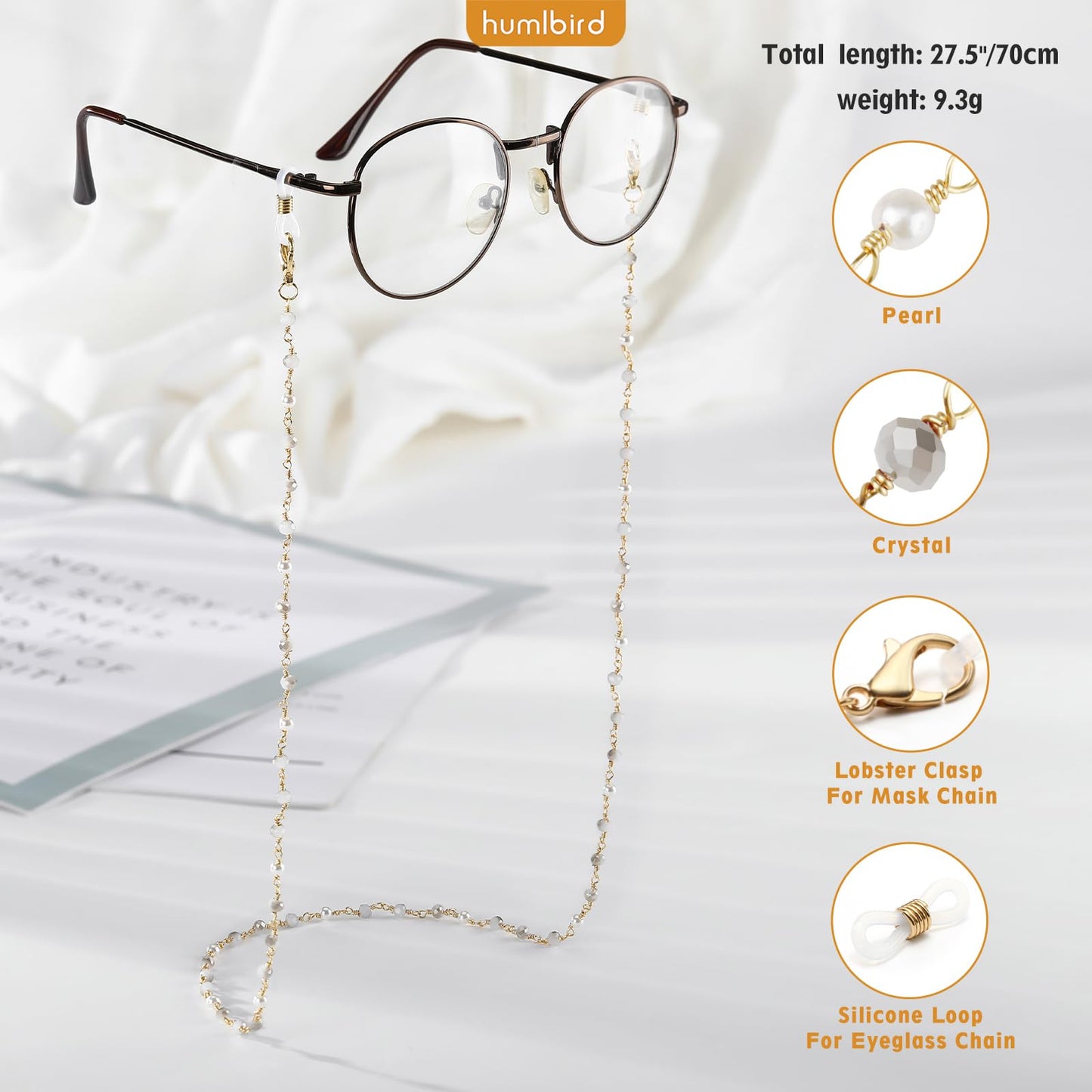 humlbird Glasses Chain Eyeglasses Chain Mask Lanyard Coloful Crystal Beaded Pearl Sunglasses Chain Grey
