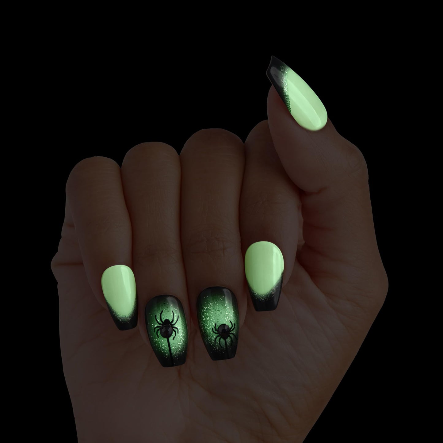 KISS imPRESS Halloween Press On Nails, ‘Bad Idea right’, Black, Medium Coffin, Glossy Finish, No Glue, Glow-In-The-Dark, Includes Prep Pad, Mini Nail File, Manicure Stick & 30 Fake Nails