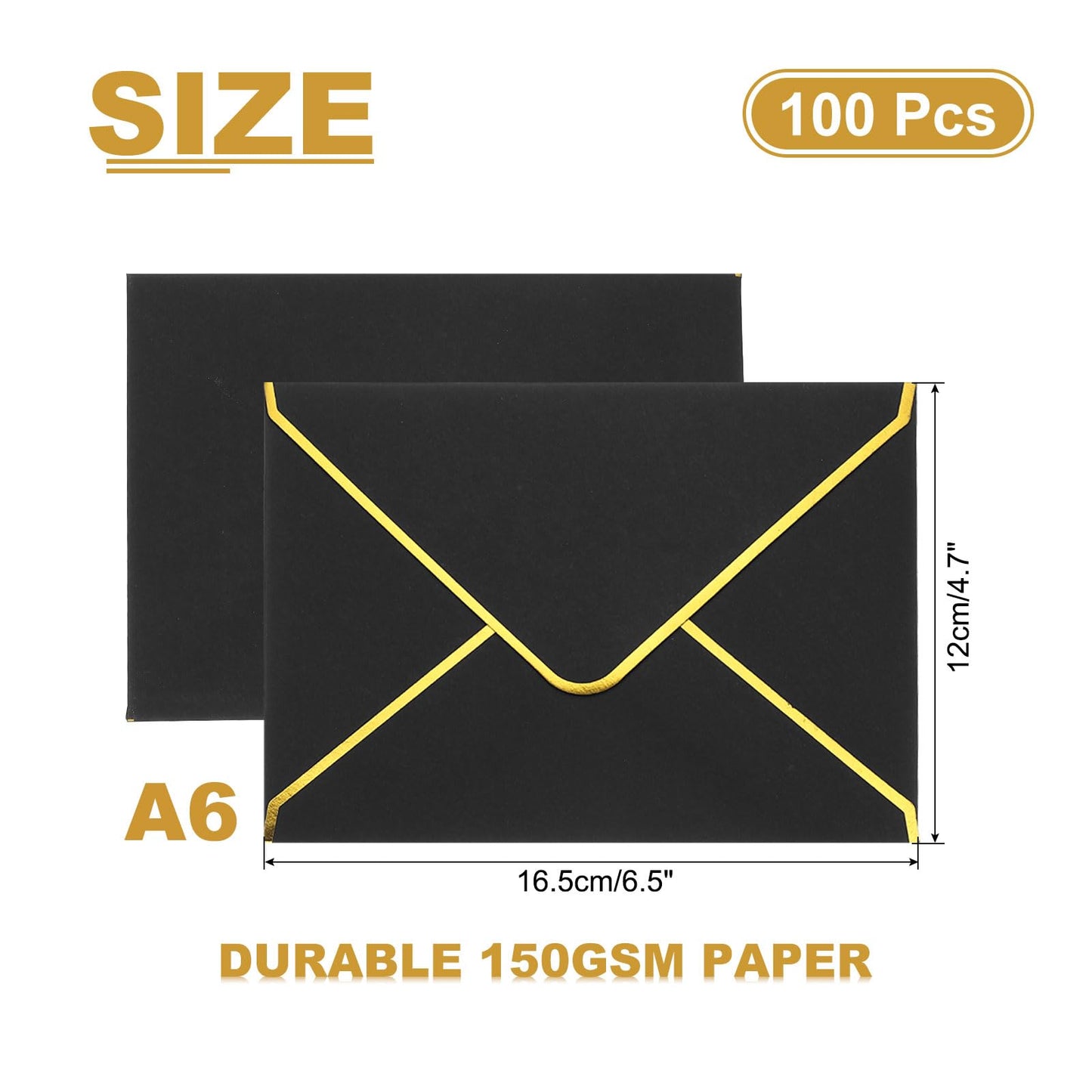 PATIKIL 100 Pack A6 Envelopes, 4x6 Card V Flap Envelope Round Edge Small Valentine Envelopes Self Seal with Gold Border for Office Wedding Card Invitations Graduation Party Gift, Black