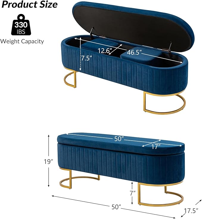 EcoHarbor Living 50" Velvet Storage Bench Hallway Ottoman,Upholstered End of Bed Bench with 2 Additional Ottomans Gold Legs,Flipping Lid Entryway Footrest