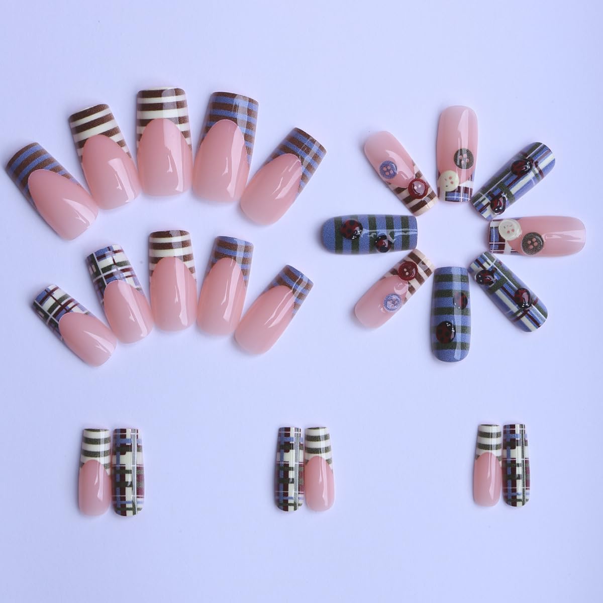 plalely Square Press on Nails Medium Blue Fake Nail Blue and Brown Stripes Acrylic Nail Press ons with Cute 3D Charms Stick on Nail for Women 24pcs