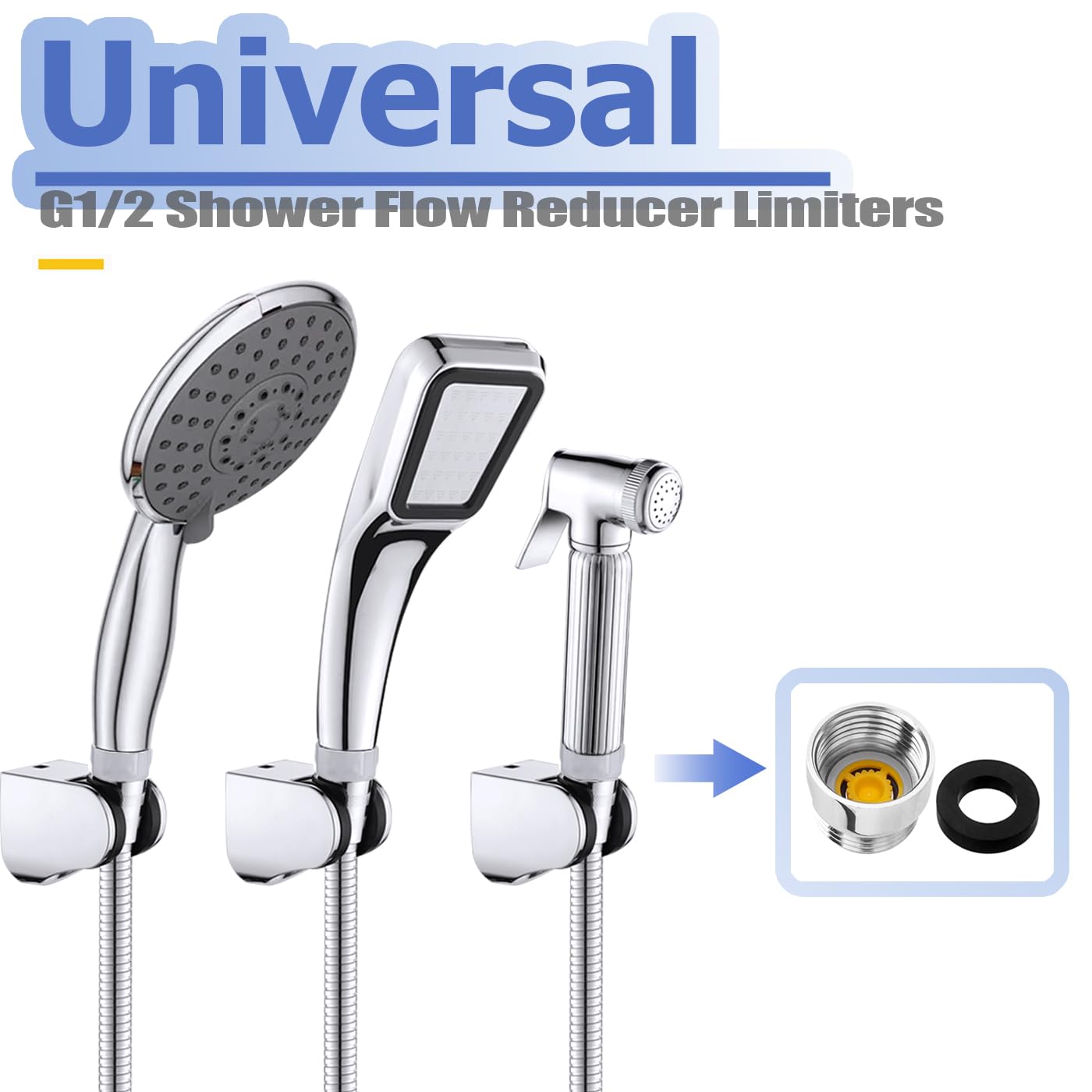 Mesee 2 Sets G1/2 Shower Flow Reducer Limiter Kit, 7 Different Shower Head Flow Restrictor 1.2/1.5/1.8/2.0/2.2/2.5/3.0 GPM with Water Flow Saver Adapters Control Valve for Fixed Handheld Shower Head