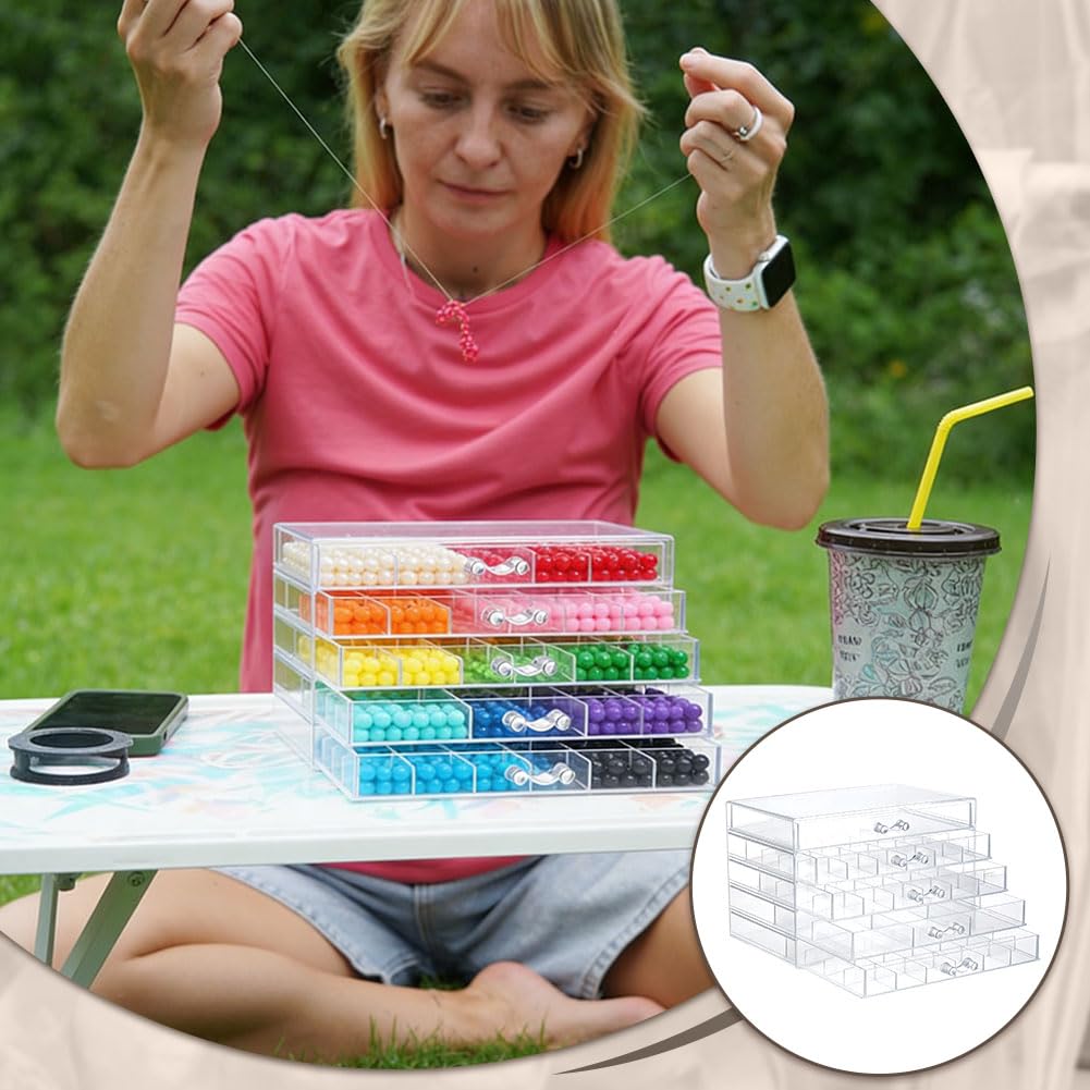 TWINKLEMON 5-Layer Plastic Compartment Storage Box Nail Charm Organizer Box with 5 Drawers 72 Small Round Jars 5 Tweezers Transparent Organizer for Crafts Art Supply Nail Tip Bead Earring Ring