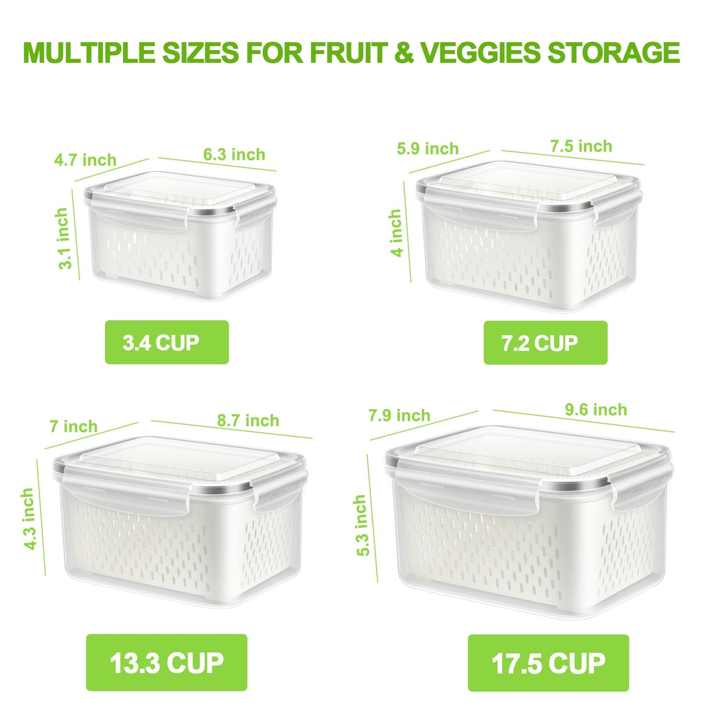 TBMax Fruit Storage Containers for Fridge Organizers and Storage, 4 Pack Large Produce Saver with Airtight Lid & Colander for Berry Lettuce Salad Vegetable Storage, Refrigerator Organizers