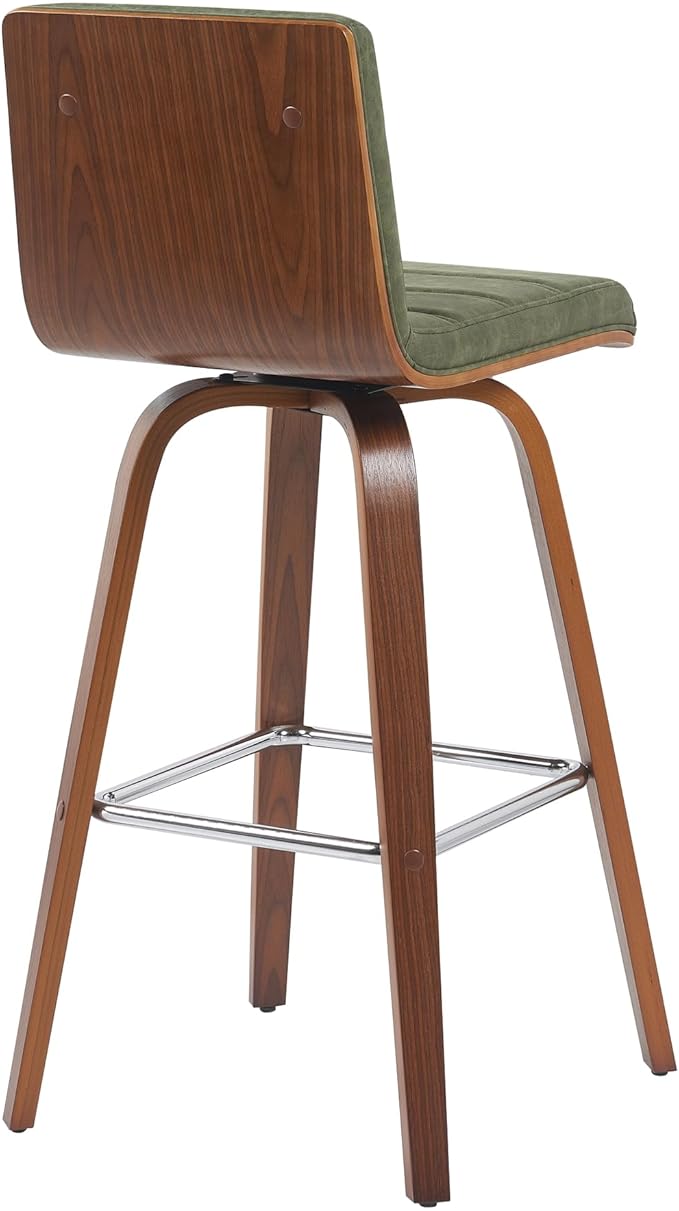 Armen Living Vienna Modern Swivel 30" Bar Height Barstool with Vintage Green Faux Leather and Walnut Wood Finish