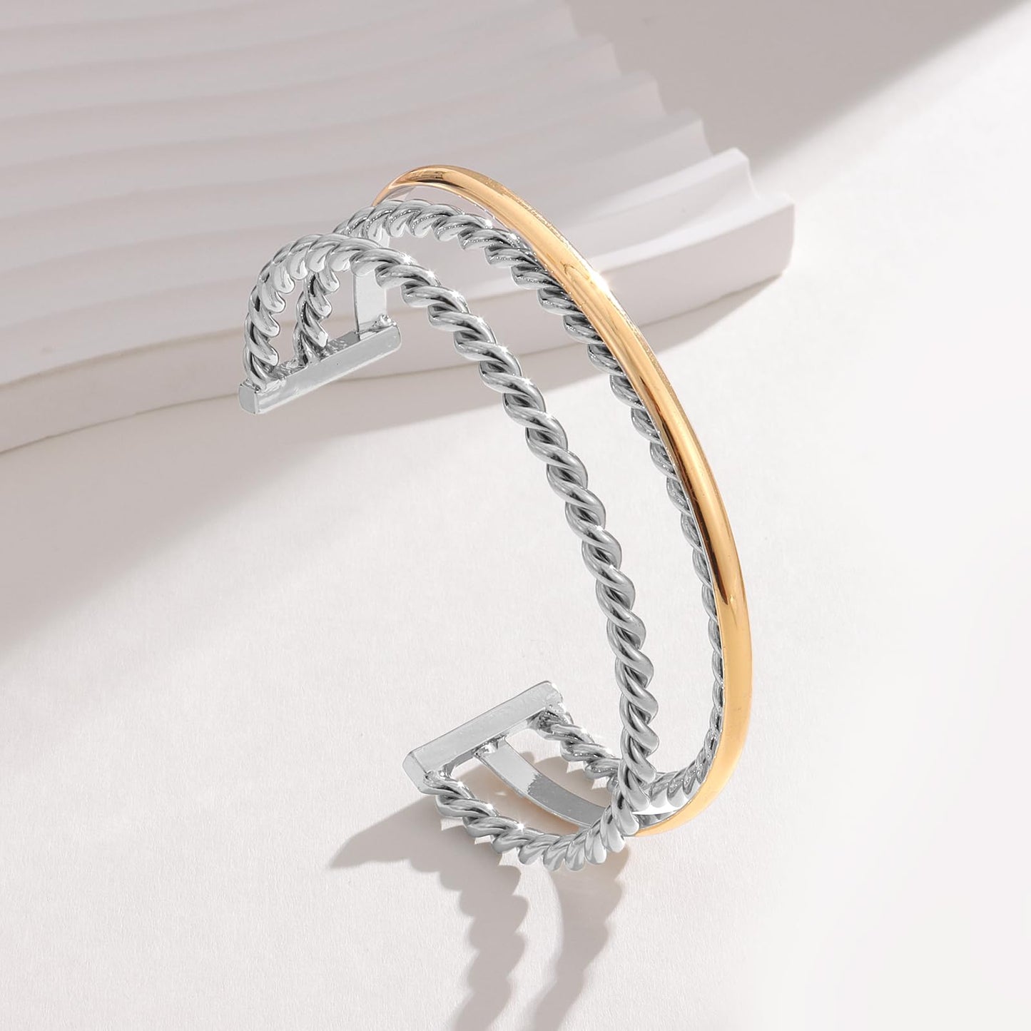 VEDAIM Two Tone Twisted Chain Cuff Bracelet for Women Gold & Silver Mixed Metal Statement Open Bangle Jewelry