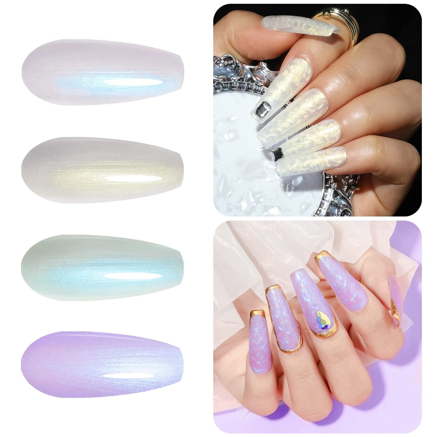 Vishine Pearl Gel Nail Polish Set 4 Color Pearlescent Shell GlitterMilky White Green Purple Shimmer Mermaid Nail Gel Polish Soak Off LED UV Curing Requires Swirl Thread Effect DIY Manicure 8ml