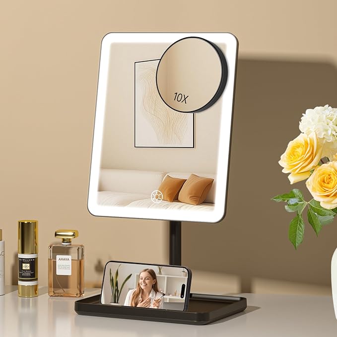 FUNTOUCH Vanity Mirror with Lights, Makeup Mirror with Lights,Smart Touch with 3-Color Lighting,Dimmable,Detachable 10X Magnification for Vanity Desk Tabletop,Black
