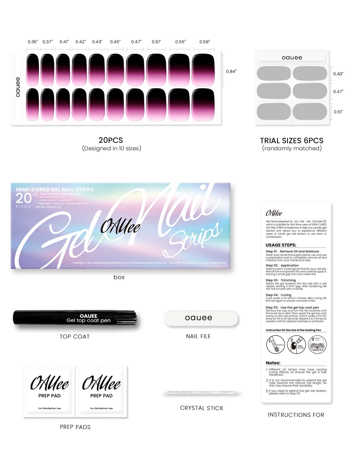 Oauee Semi Cured Gel Nail Strips | Built-In Gel Top Coat | UV Light Required | Salon Quality, Easy Application And Removal (Nocturnal Fuchsia）