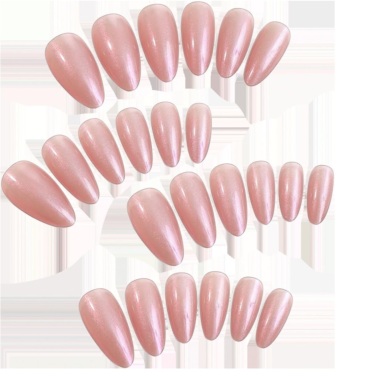 24Pcs Almond Press On Nails Pink Chrome Fake Nails Glossy Pearlescent Pink False Nails Reusable Artificial Nails Medium Length Acrylic Full Cover Glue on Nails for Women Wedding Party Manicure Set