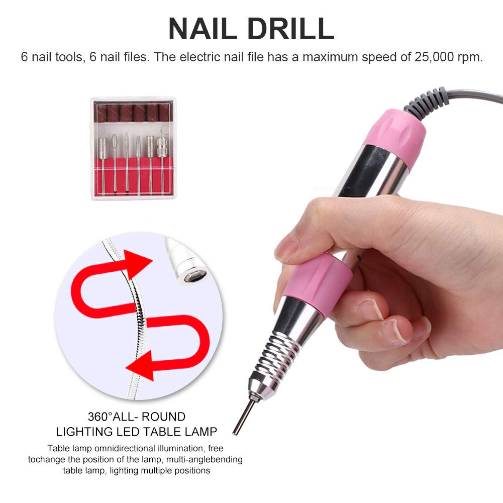 5 in 1 Nail Dust Collector with Drill, 60W Electric Nail Vacuum Dust Collector Extractor Nail Dust Cleaner Manicure Light Hand Rest Pillow Dust Suction Machine for Manicure Pedicure (US)