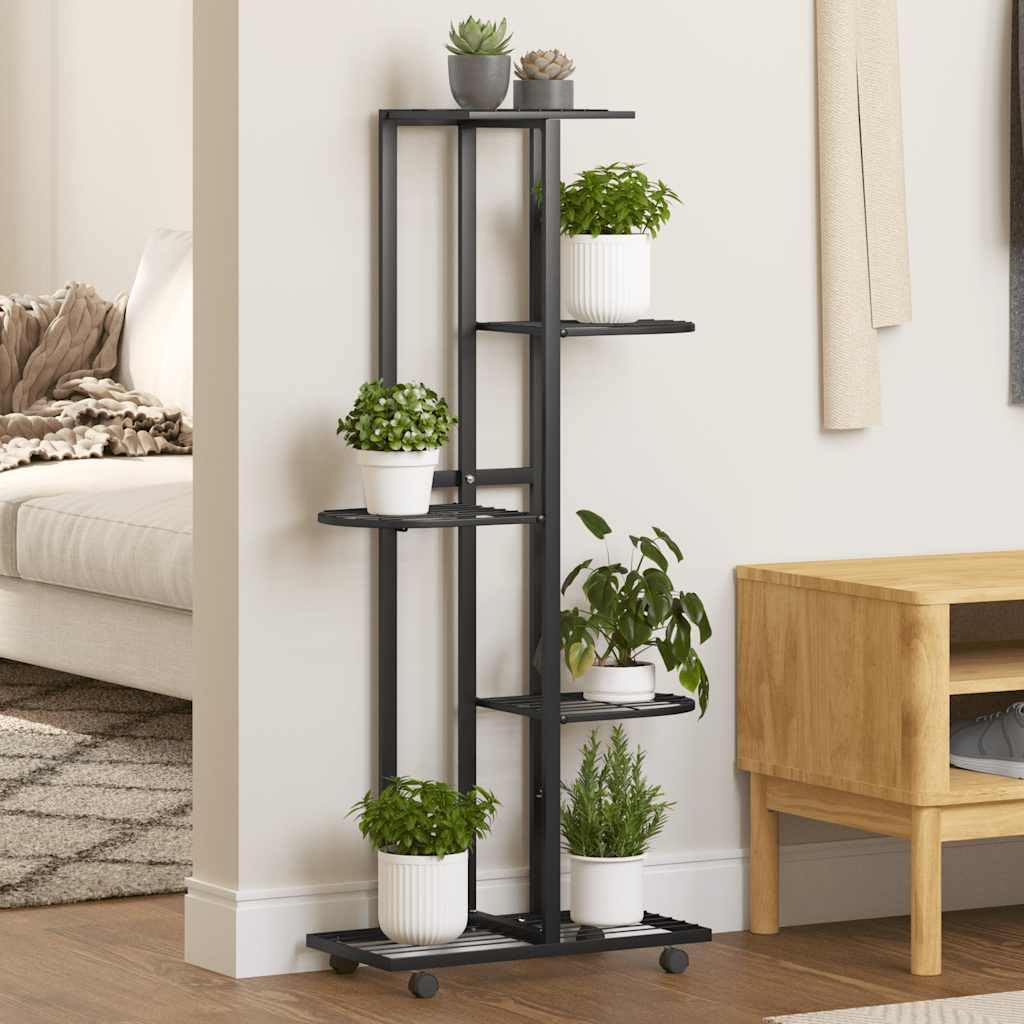 vidaXL 5-Floor Flower Stand with Wheels, Decorative Plant Shelf Stand, Multiple Flower Pot Holder, Storage Display Rack, Black Iron