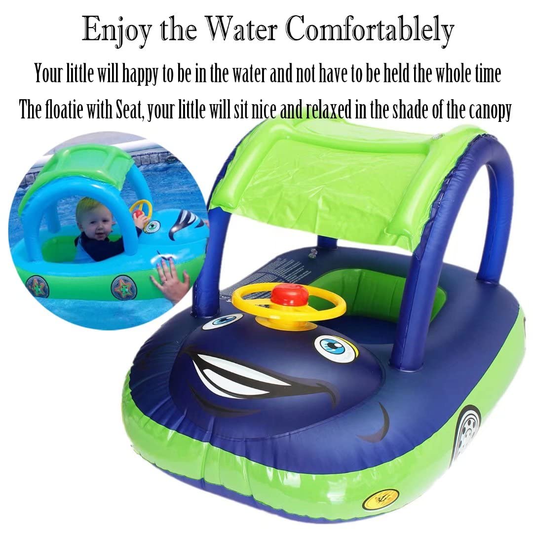 baby pool float with canopy Summer Steering Wheel Sunshade Swim Ring Car Inflatable toys infants Float Seat Boat for kids toddlers(Color blue)