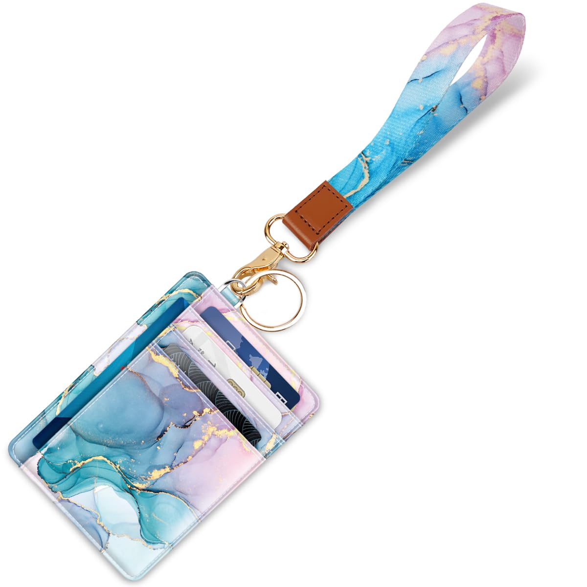 Coco Rossi Slim Front Pocket Wallet Minimalist RFID ID Card Holder Cute Small Wallets with Wrist Lanyards Key Chain Holder for Women, Gradient Marble