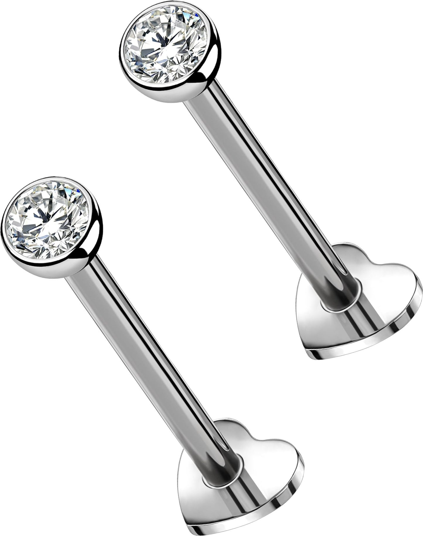 OUFER 2Pcs Conch Earring, 16G G23 Solid Titanium Threadless Stud Earrings Flat Back Heart Shaped Tiny CZ 3MM Silver Helix Cartilage Conch Lobe Piercing Jewelry for Women Men-12MM