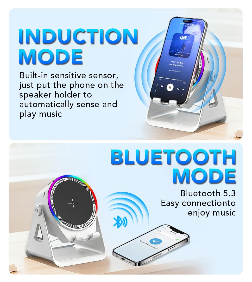 NIIFAWH Bluetooth Speaker, 4-in-1 Wireless Induction Speaker & RGB Light Stand Multi-Functional Phone Stand Instant-Connect Stereo Sound, 360° Adjustable Holder for iPhone/Android/iPad/Samsung (Weiß)