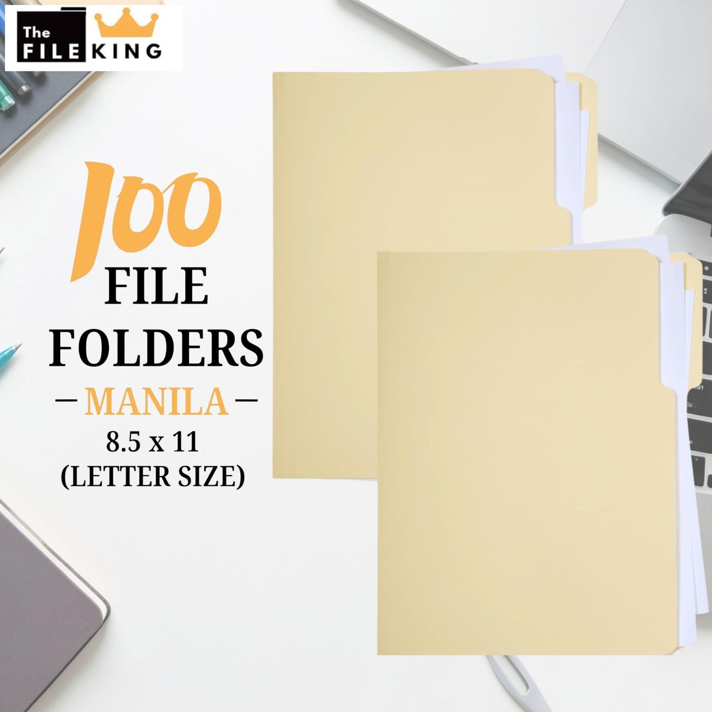 The File King 1/3 Cut File Folders Letter Size - 100 Pack | Manilla Folders 8.5 x 11 | Assorted 3 Tabs | Heavy Duty 11-Point Fiber | Made in USA | Undercut Front Style | Easy Labeling & Organization