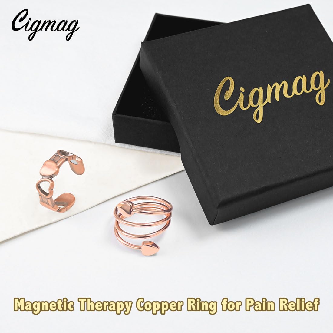 Cigmag 2PCS Copper Rings for Women, with Powerful Magnets, Adjustable Solid Pure Copper (Rose Gold Heart & Love)