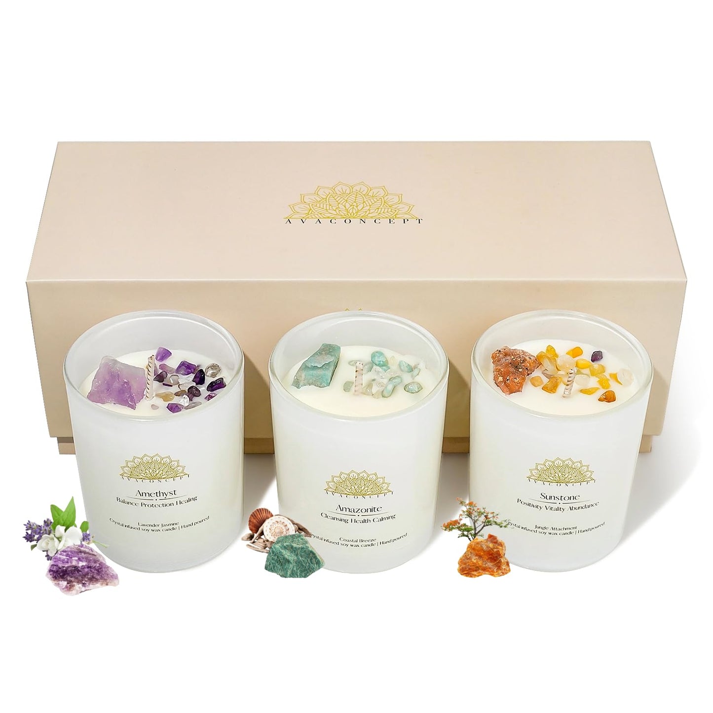 AVACONCEPT Crystal Infused Soy Wax Candle Gift Set Aromatherapy Scented Candles with Healing Crystals Natural Hand-Poured Luxury for Relaxation & Home Décor (Sunstone & Amethyst & Amazonite)