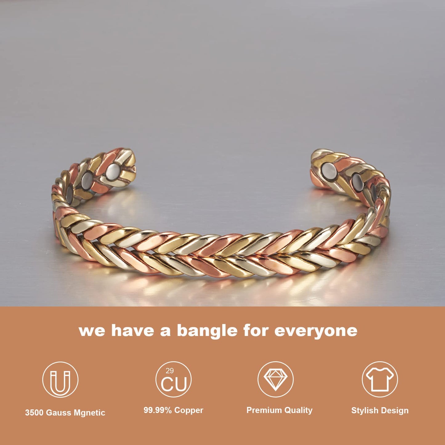 EnerMagiX Copper Bracelets for Women, 99% Pure Adjustable Tricolor Gold Braided Bracelet, Copper Jewelry Gift (2pcs 0932)