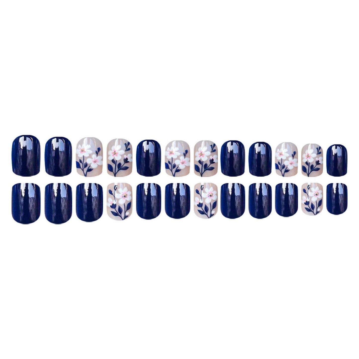 Floral Short Oval Press on Nails Soft Nude Navy Blue Base Pink White Floral Accents Glossy Finish Reusable Spring Nails Easy Apply Fashion Party Wear Durable Trendy Women Girls Nail Art 24 Pcs