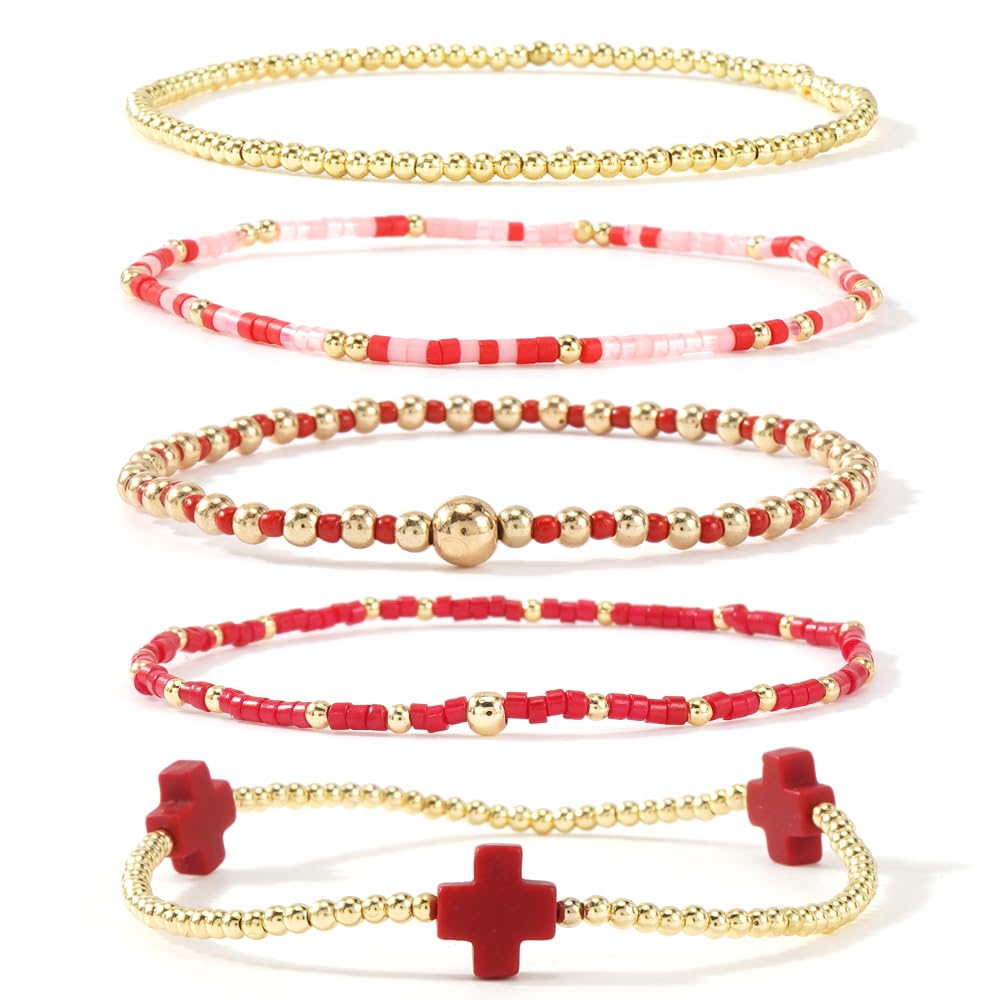 Bohxantium Gold Beaded Cross Bracelets for Women Dainty 14K Gold Plated Beads Ball Red Stretch Stackable Non Tarnish Bracelet Stack Boho Christian Jewelry Accessories Birthday Prom Friendship Gift